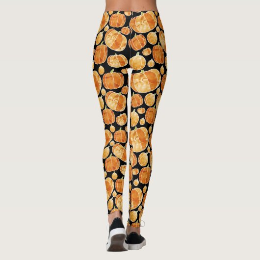 Oranje Halloween Herfst Waterverf Pumpkin Patroon Leggings (Achterkant)