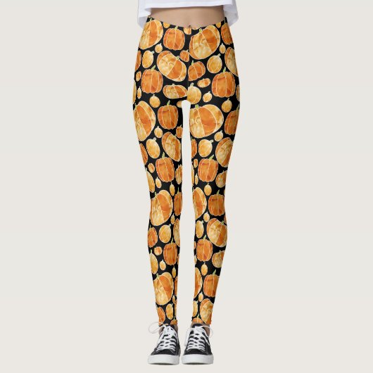Oranje Halloween Herfst Waterverf Pumpkin Patroon Leggings (Voorkant)