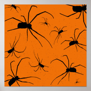 Oranje halloween Spiders Pattern, Black Spider Poster