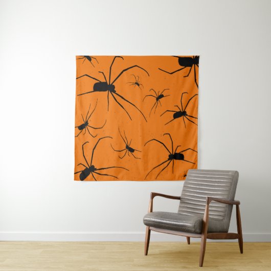 Oranje halloween Spiders Pattern, Black Spider Wandkleed (In situ)