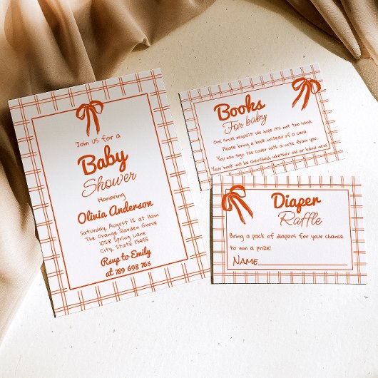 Oranje Hand Getekend Gingham Neutraal Baby shower Kaart