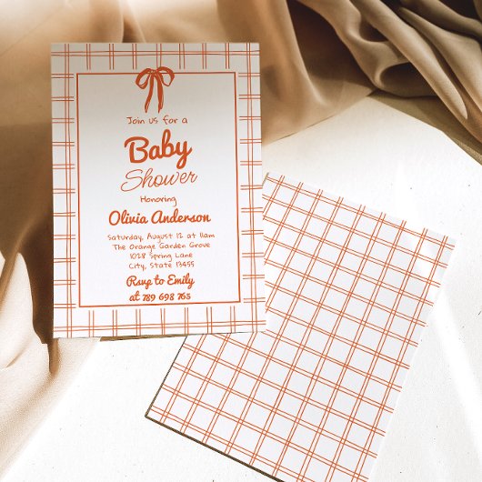 Oranje Hand Getekend Gingham Neutraal Baby shower Kaart