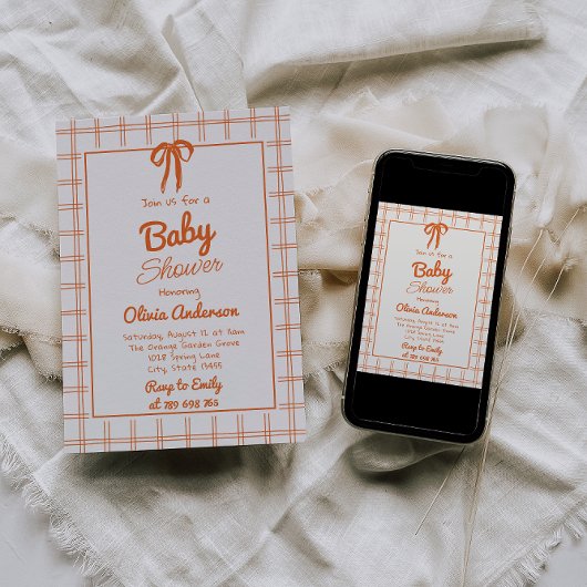 Oranje Hand Getekend Gingham Neutraal Baby shower Kaart