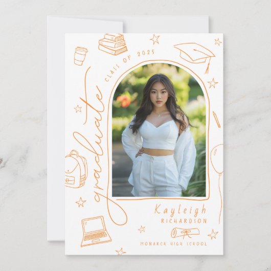 Oranje Hand Getrokken Foto Afstuderen Aankondiging (Voorkant)