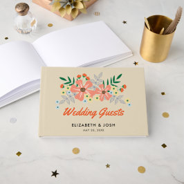 Oranje handgetekende bloemen, bruiloft gastenboek
