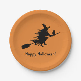 Oranje Happy Halloween 2018 Black Witch Silhouette Papieren Bordje