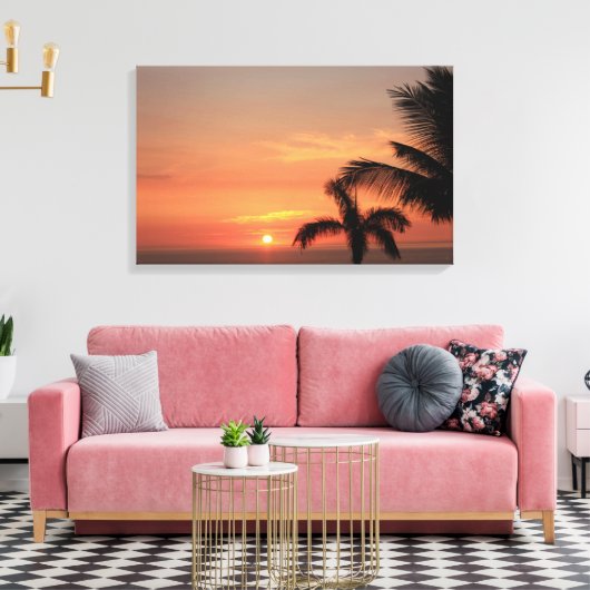 Oranje Hawaïaanse Zonsondergang Hemel met Palmen Canvas Afdruk (Insitu (Woonkamer))