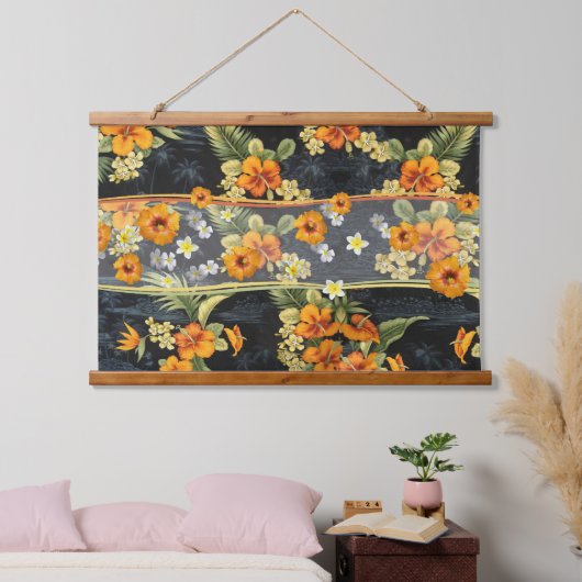 Oranje Hawaiiaanse Hibiscus om middernacht Hangend Wandkleed (Slaapkamer)