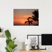Oranje Hawaiian Sunset Sky met vogels en palmen Poster (Thuiskantoor)