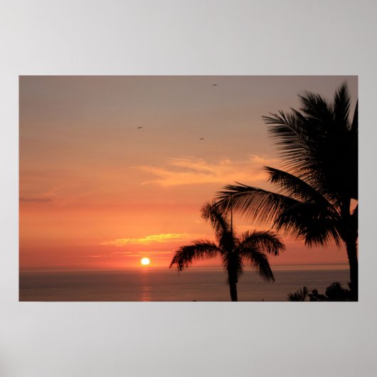 Oranje Hawaiian Sunset Sky met vogels en palmen Poster (Voorkant)
