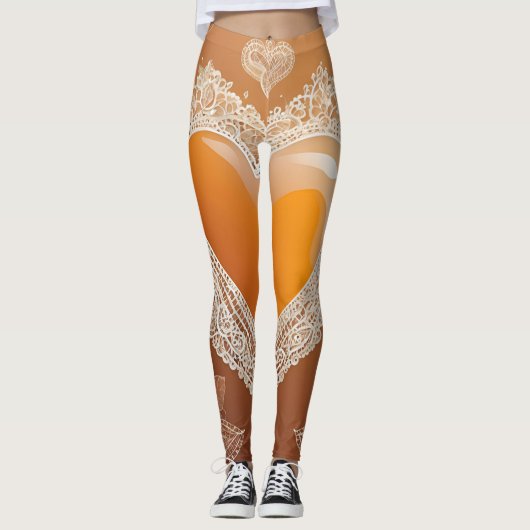 Oranje Heart Lace AI kunst Leggings (Voorkant)