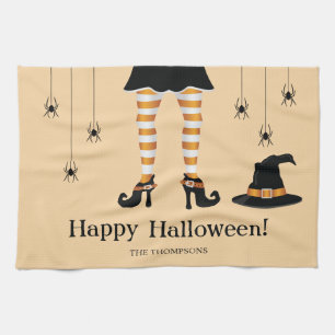 Oranje Heksenbenen Met Een Hoed En Spinnen Hallowe Theedoek