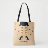 Oranje heksenpoten en spinnen met naam Halloween Tote Bag (Voorkant)