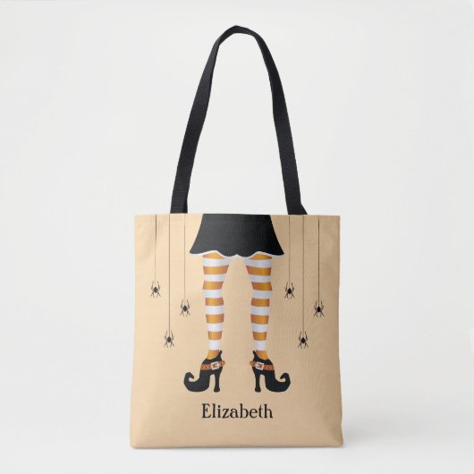Oranje heksenpoten en spinnen met naam Halloween Tote Bag (Voorkant)