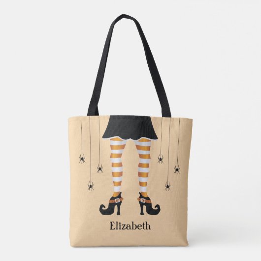 Oranje heksenpoten en spinnen met naam Halloween Tote Bag (Achterkant)