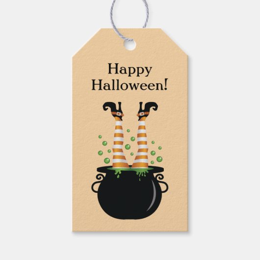 Oranje heksenpoten in heksenbrouwsel Happy Hallowe Cadeaulabel (Voorkant)