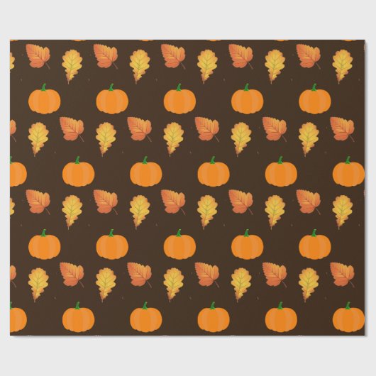 Oranje herfst-bladeren en pompoenen op bruine korf cadeaupapier (Vlak)