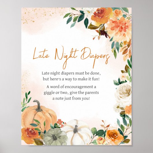 Oranje Herfst Bloemen Pompoen Late Night Luiers Poster (Voorkant)