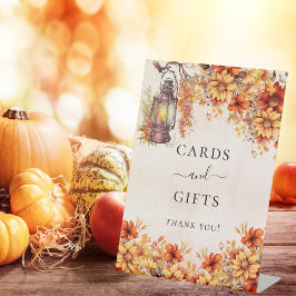Oranje herfst bloemenkaarten cadeaus reclamebord met voetstuk