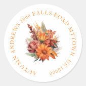 ORANJE HERFST BLOEMNAAM & ADRES RONDE STICKER (Voorkant)