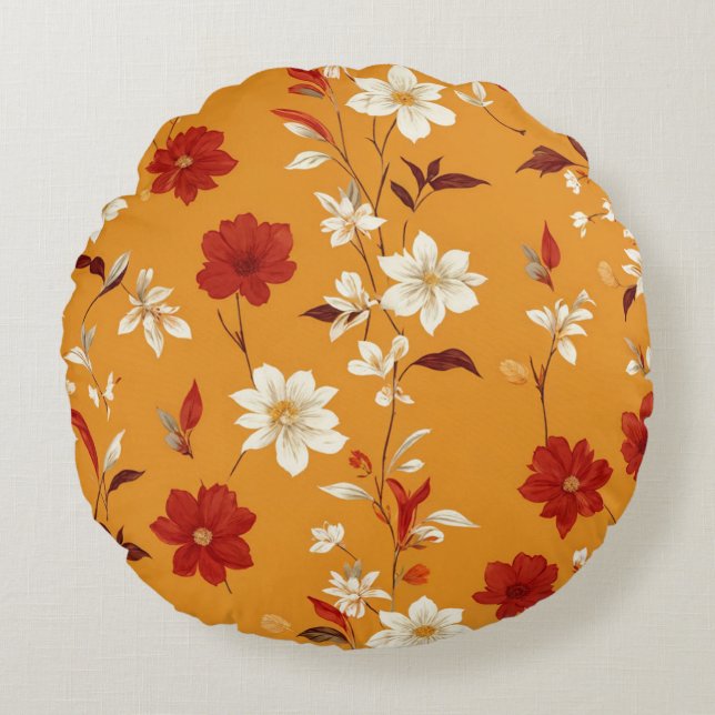 Oranje Herfst Boho  Bloempatroon Rond Kussen (Voorkant)