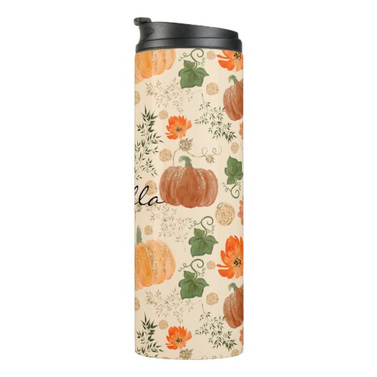 Oranje Herfst Faux Glitter Pompoenen Naam Thermosbeker (Geroteerd rechts)