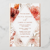 Oranje Herfst Floral & Roos Gold Wedding Folie Uitnodiging (Voorkant)