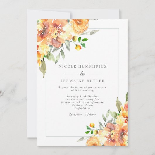 Oranje Herfst Flowers Border Weddenschap Kaart (Voorkant)