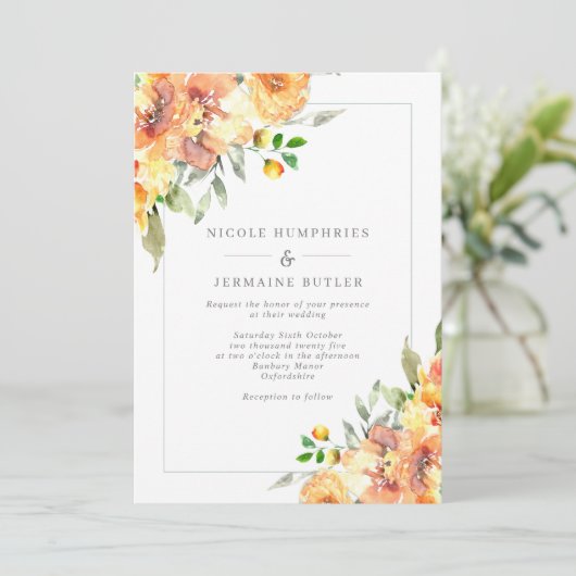 Oranje Herfst Flowers Border Weddenschap Kaart (Staand voorkant)