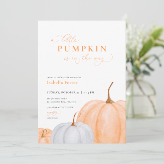 Oranje Herfst Kleine Pompoen Baby shower Uitnodigi Kaart (Staand voorkant)