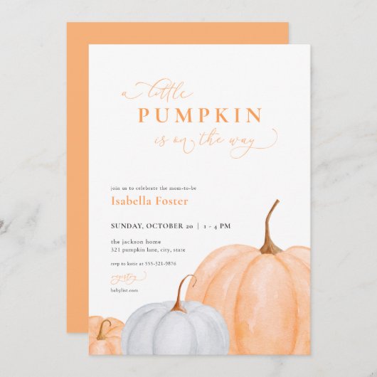 Oranje Herfst Kleine Pompoen Baby shower Uitnodigi Kaart (Voorkant / Achterkant)
