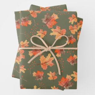 Oranje herfst Maple Leaves en Red Berries Inpakpapier Vel