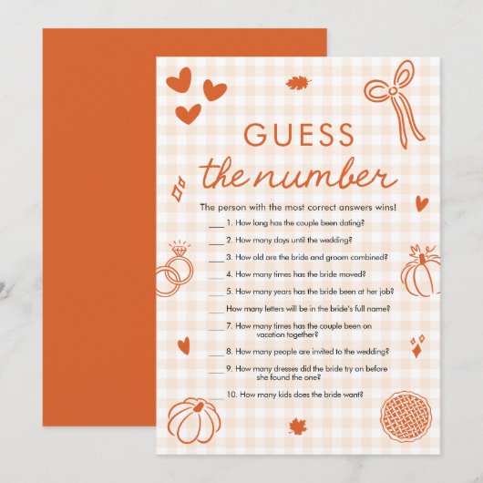 Oranje Herfst Raad het Aantal Bruidsfeest Spel Kaart (Voorkant / Achterkant)