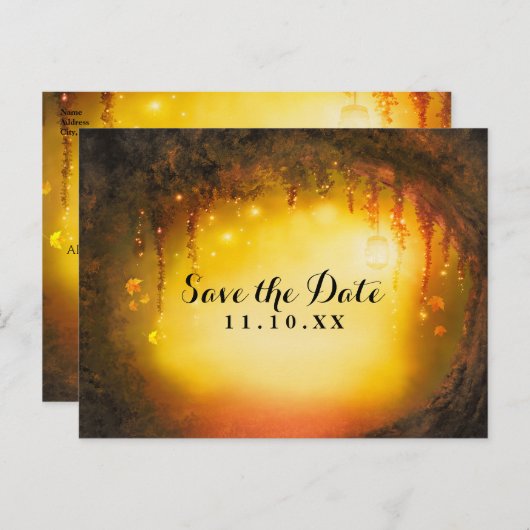 Oranje Herfst Rustic Enchanted Forest Bewaar de da Aankondigingskaart (Voorkant / Achterkant)