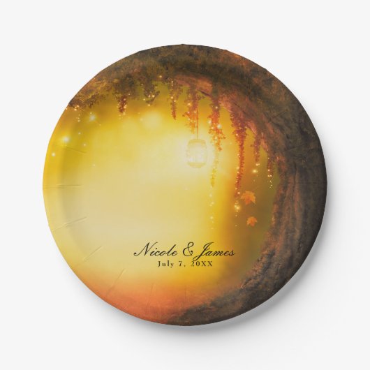 Oranje Herfst rustieke betoverde bos receptie Papieren Bordje (Voorkant)