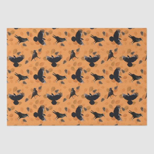 Oranje Herfst Woodland Leaf en Crow Bird Pattern Tissuepapier (Voorkant)