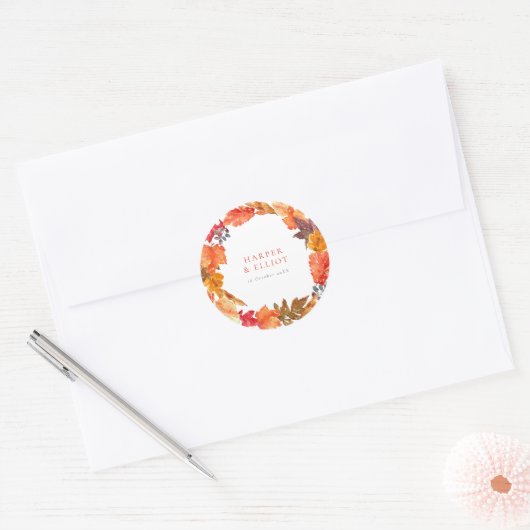 Oranje herfstbladeren krans herfstbruiloft ronde sticker (Envelop)