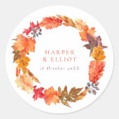 Oranje herfstbladeren krans herfstbruiloft ronde sticker (Voorkant)