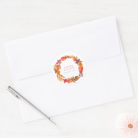 Oranje herfstbladeren krans herfstbruiloft ronde sticker (Envelop)