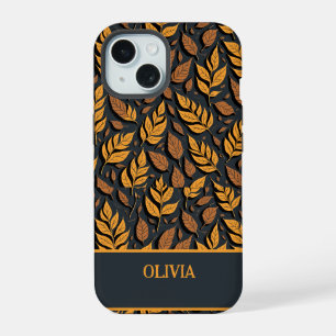 Oranje herfstbladeren op bruine achtergrond iPhone 15 case