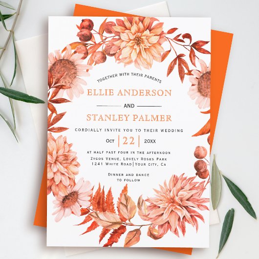 Oranje herfstbloem met herfstherdenkingsbruiloft kaart