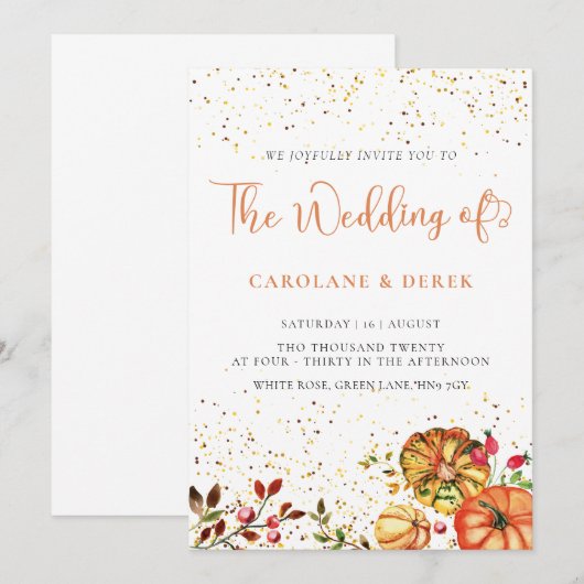 Oranje herfstfloraalbruinvissen huwelijksuitnodigi kaart (Voorkant / Achterkant)