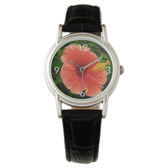 Oranje Hibiscus Bloem Tropische Floral Horloge (Voorkant)