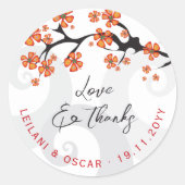 Oranje Hibiscus Bloemen wervelt Tropische bruiloft Ronde Sticker (Voorkant)