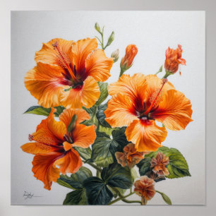 Oranje Hibiscus Bloemenkunst Print Poster