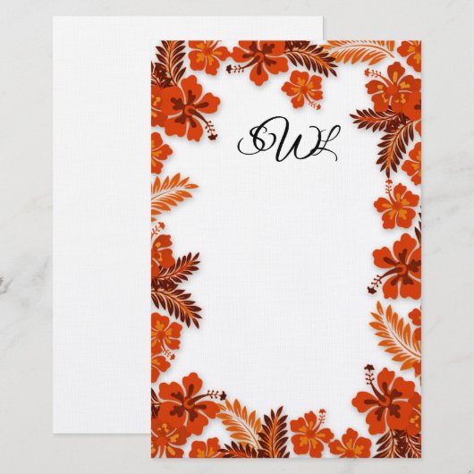 Oranje Hibiscus Border Monogrammed Blank Paper Briefpapier (Voorkant / Achterkant)
