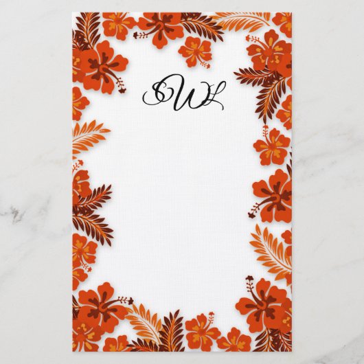 Oranje Hibiscus Border Monogrammed Blank Paper Briefpapier (Voorkant)
