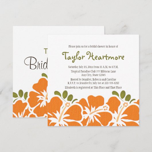 Oranje Hibiscus Bridal Shower Invitations Kaart (Voorkant / Achterkant)