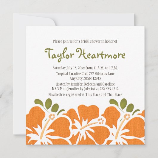 Oranje Hibiscus Bridal Shower Invitations Kaart (Voorkant)