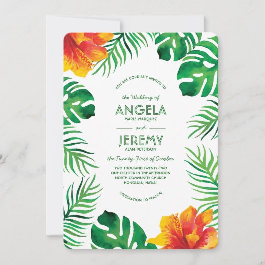 Oranje Hibiscus en Tropische bladeren 2 Bruiloft Kaart (Voorkant)